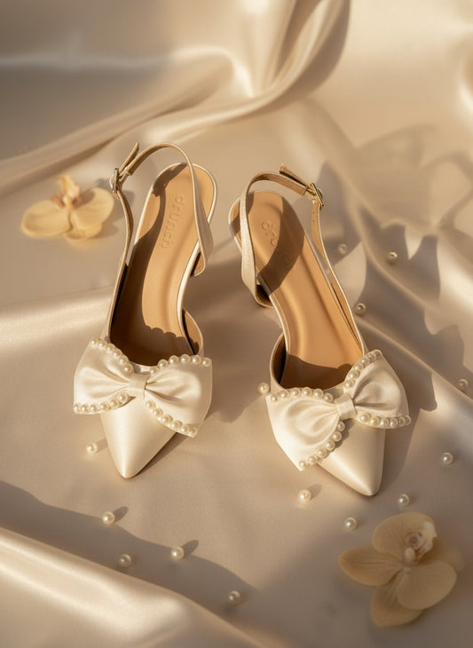Moonlit White Pearl Slingback Pumps - Women's Satin Heels with Pearl Detail | drunch