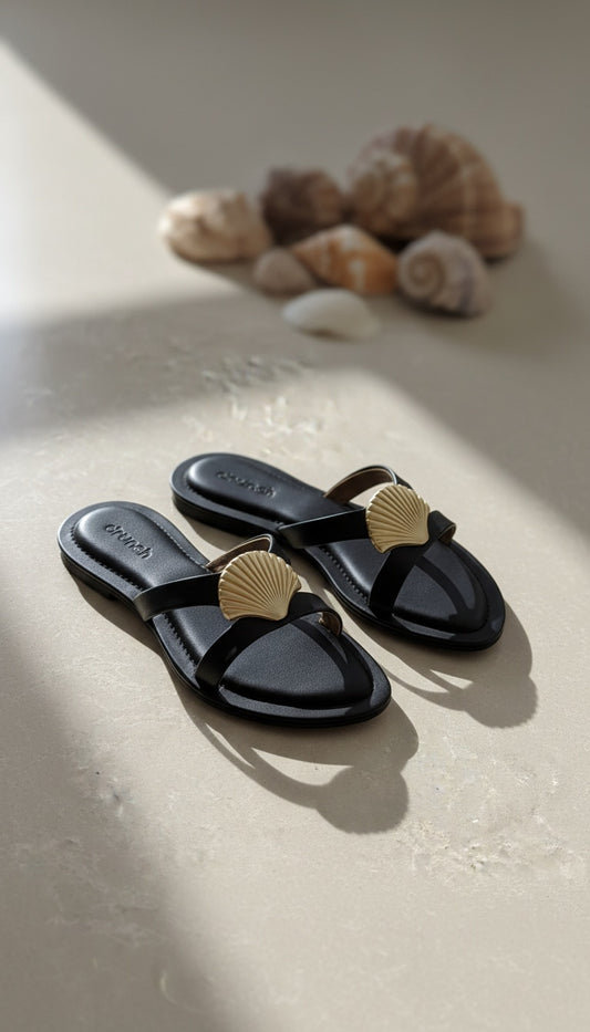 Noa Shell Flats in Black – Studio Shot of Gold Shell Embellished Flats for Women | Drunch
