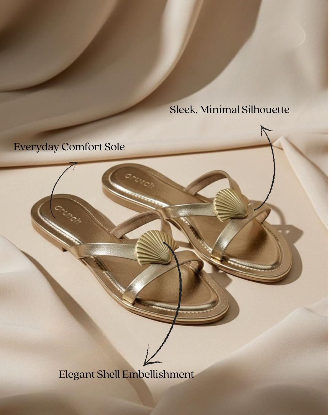 Noa Shell Flats in Gold – Lifestyle Shot of Shell Embellished Flats for Women | Drunch