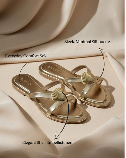 Noa Shell Flats in Gold – Lifestyle Shot of Shell Embellished Flats for Women | Drunch
