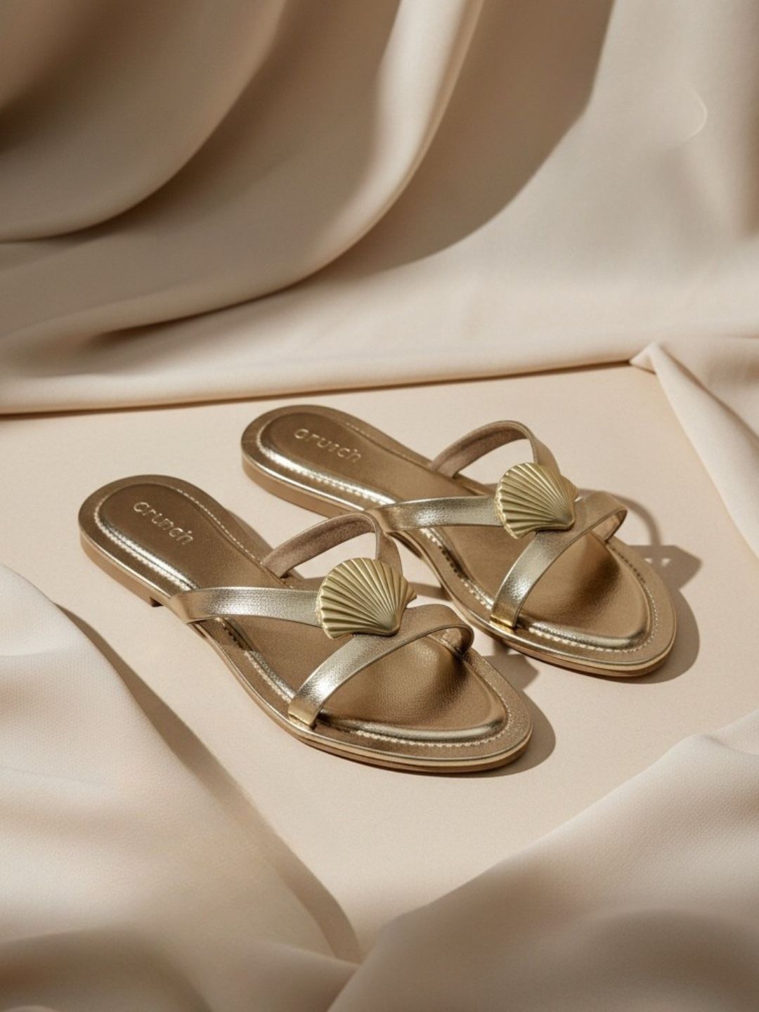 Noa Shell Flats in Gold – Studio Shot of Metallic Shell Embellished Flats for Women | Drunch