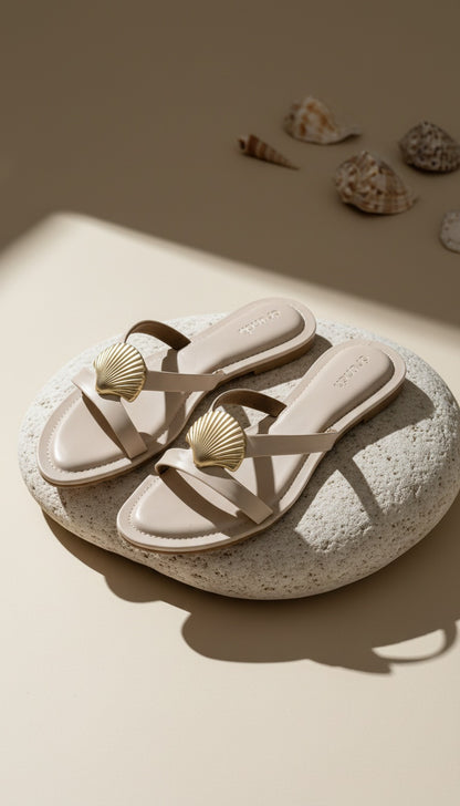 Noa Shell Flats in Off White - Women's Embellished Open Toe Flats | drunch