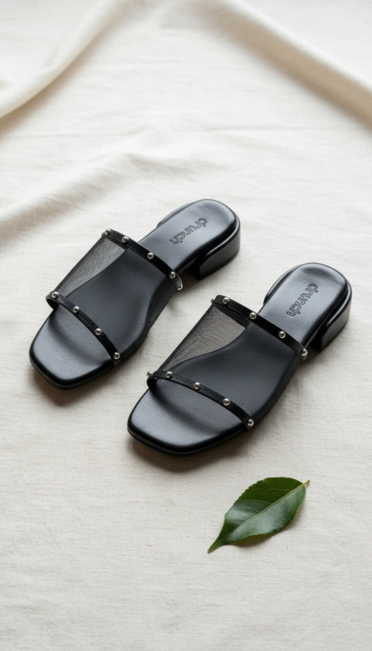 Nova Rivet Flats in Black - Women's Net Flats with Silver Rivet Detail | drunch