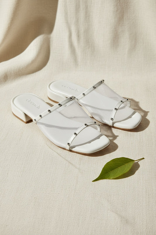 Nova Rivet Flats in White - Women's Net Flats with Silver Rivet Detail | drunch