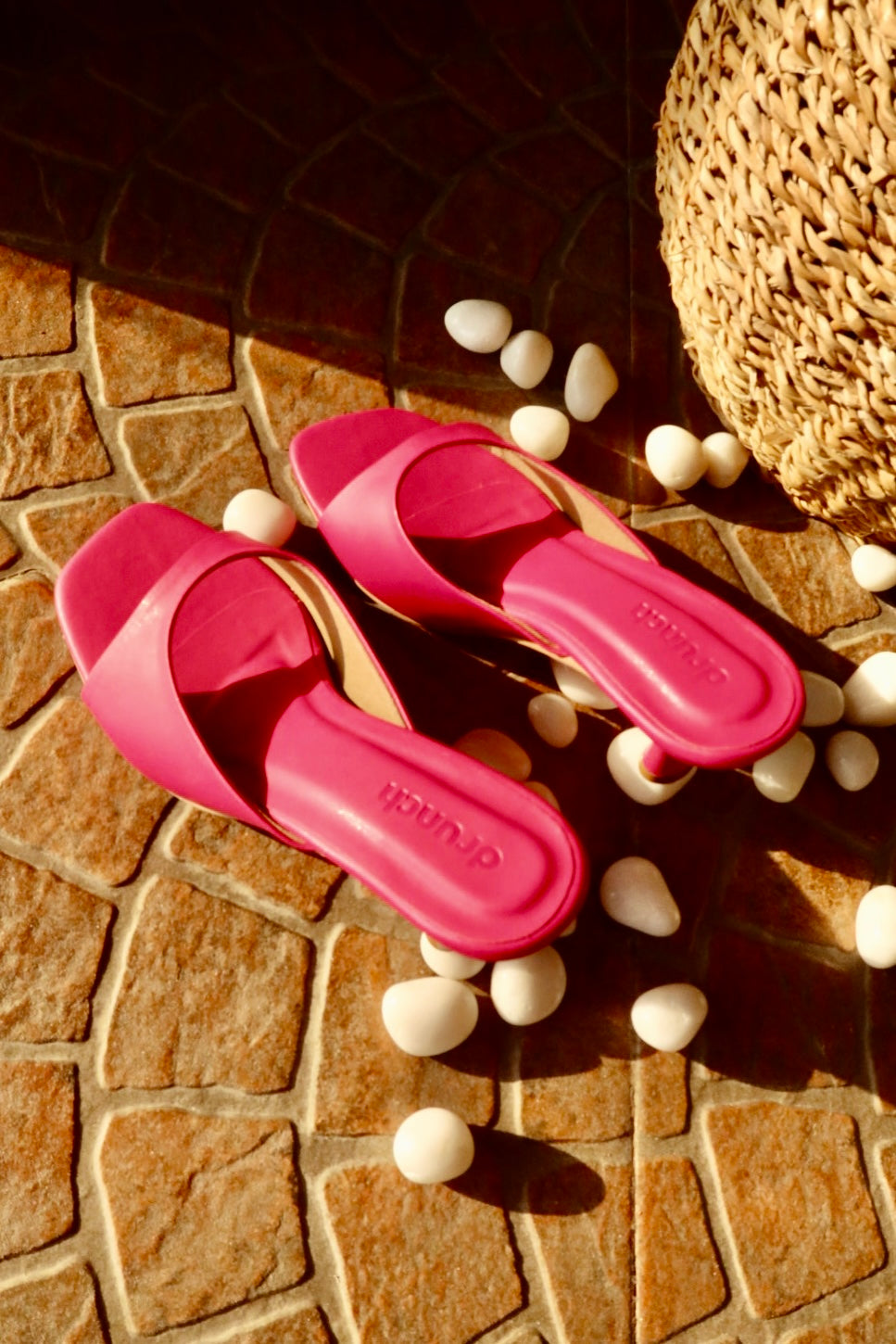Nusa Fuchsia Heeled Sandals - Women's Bold Pink Open Round-Toe Heels | drunch