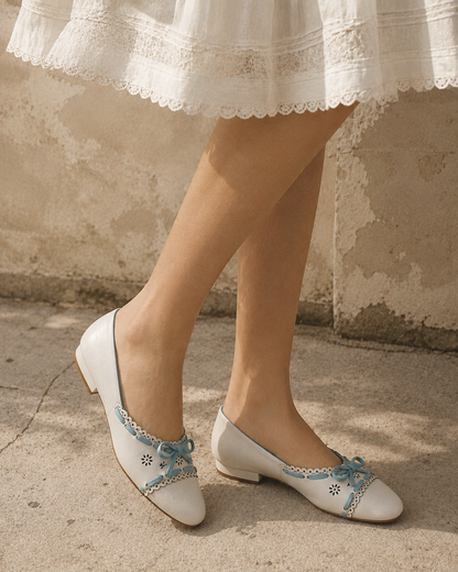 Pastel Blue Juliette Ballet Flats – Model Wearing Vintage-Inspired Ballet Flats | Drunch