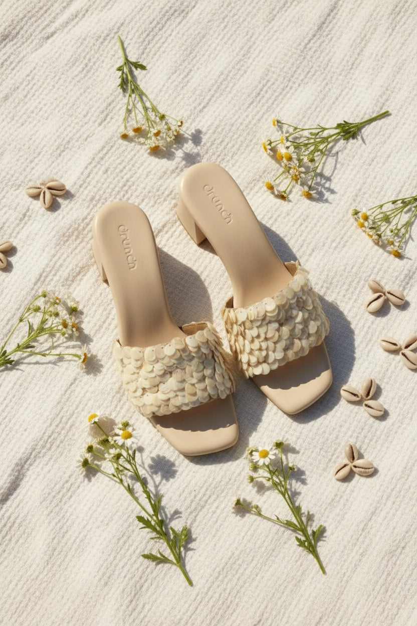 Pearl Pop Shell Sequin Sandals - Women's Embellished Heeled Sandals in White | drunch