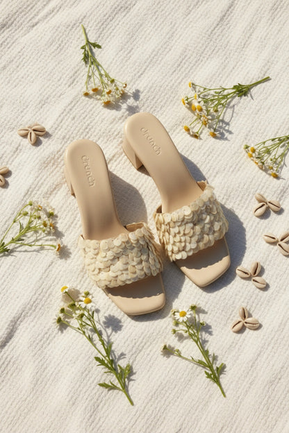 Pearl Pop Shell Sequin Sandals - Women's Embellished Heeled Sandals in White | drunch