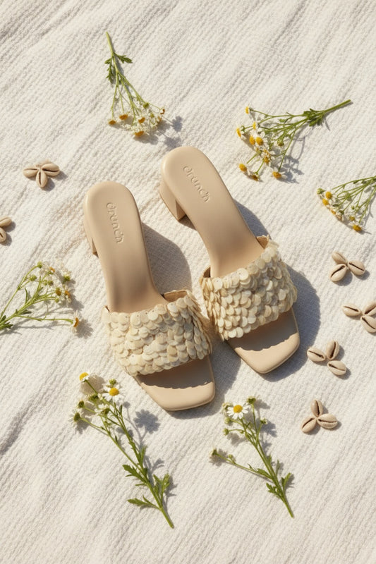Pearl Pop Shell Sequin Sandals - Women's Embellished Heeled Sandals in White | drunch