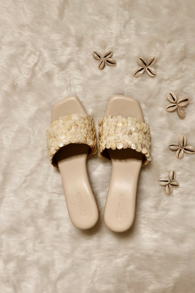 Pearl Pop Shell Sequin Sandals - Styled on Foot | drunch