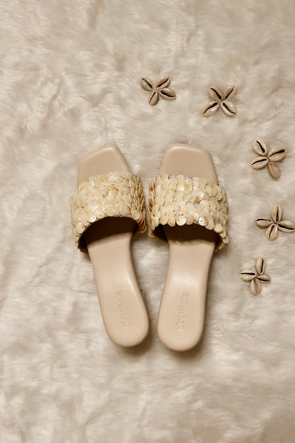 Pearl Pop Shell Sequin Sandals - Styled on Foot | drunch