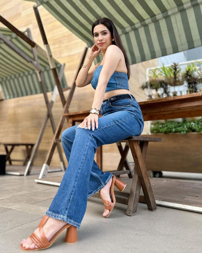 Pina Colada Heels Dusky Brown – model wearing dusky brown heels, styled full look
