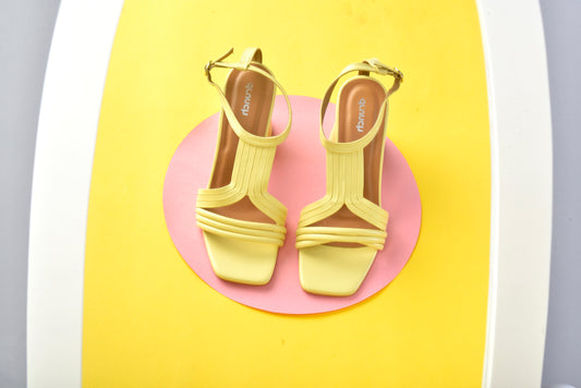 Pina Colada Heels Sunlit Yellow – front view, open square-toe cylindrical heels for women