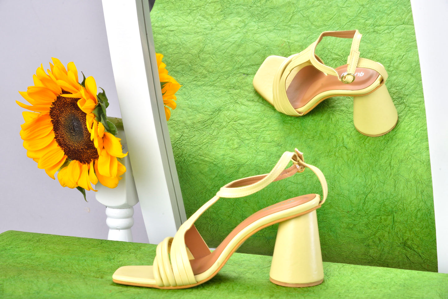 Pina Colada Heels Sunlit Yellow – side view, ankle strap 3-inch cylindrical heels for women