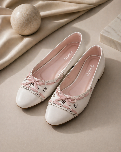Pink Juliette Ballet Flats for Women – Lace-Inspired Bow Detail Balletcore Flats | Drunch