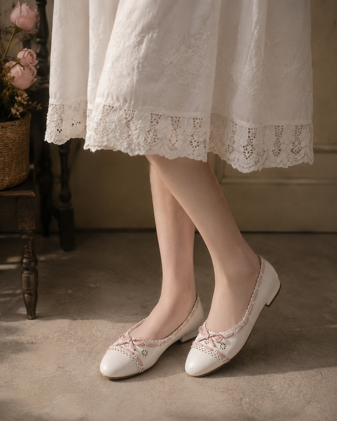 Pink Juliette Ballet Flats – Model Wearing Vintage-Inspired Lace Bow Ballet Flats | Drunch