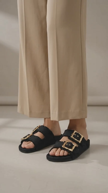 Denim Cork Slides - Black