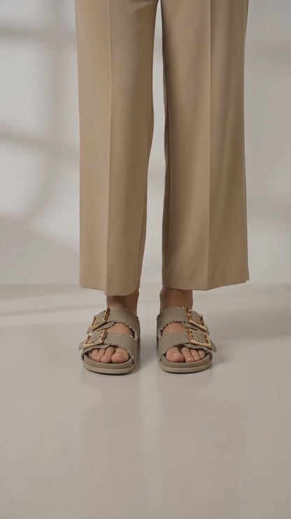 Denim Cork Slides- Khaki