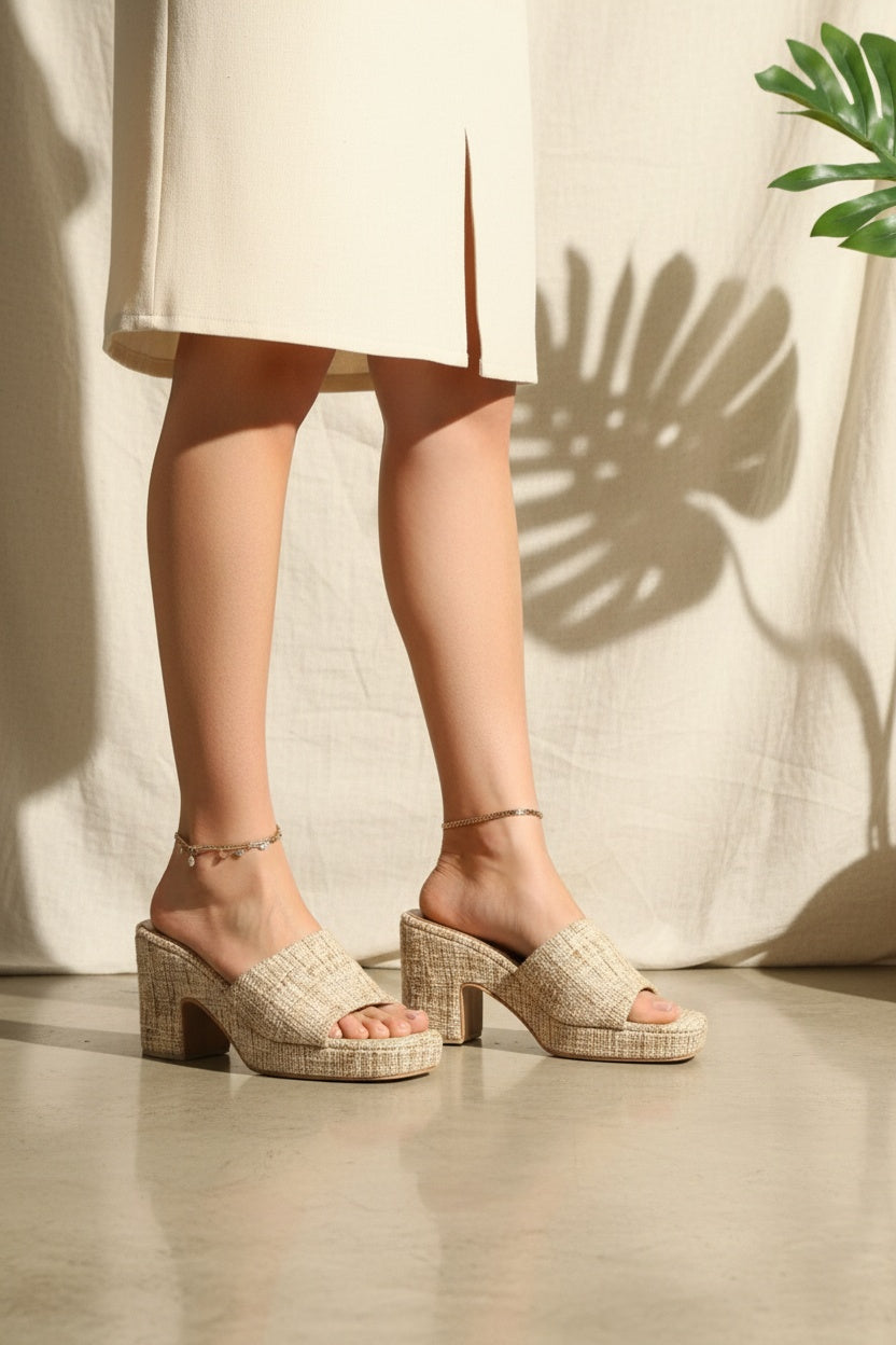 Sand Tweed Mid-Height Wedge Sandals - Front View | drunch