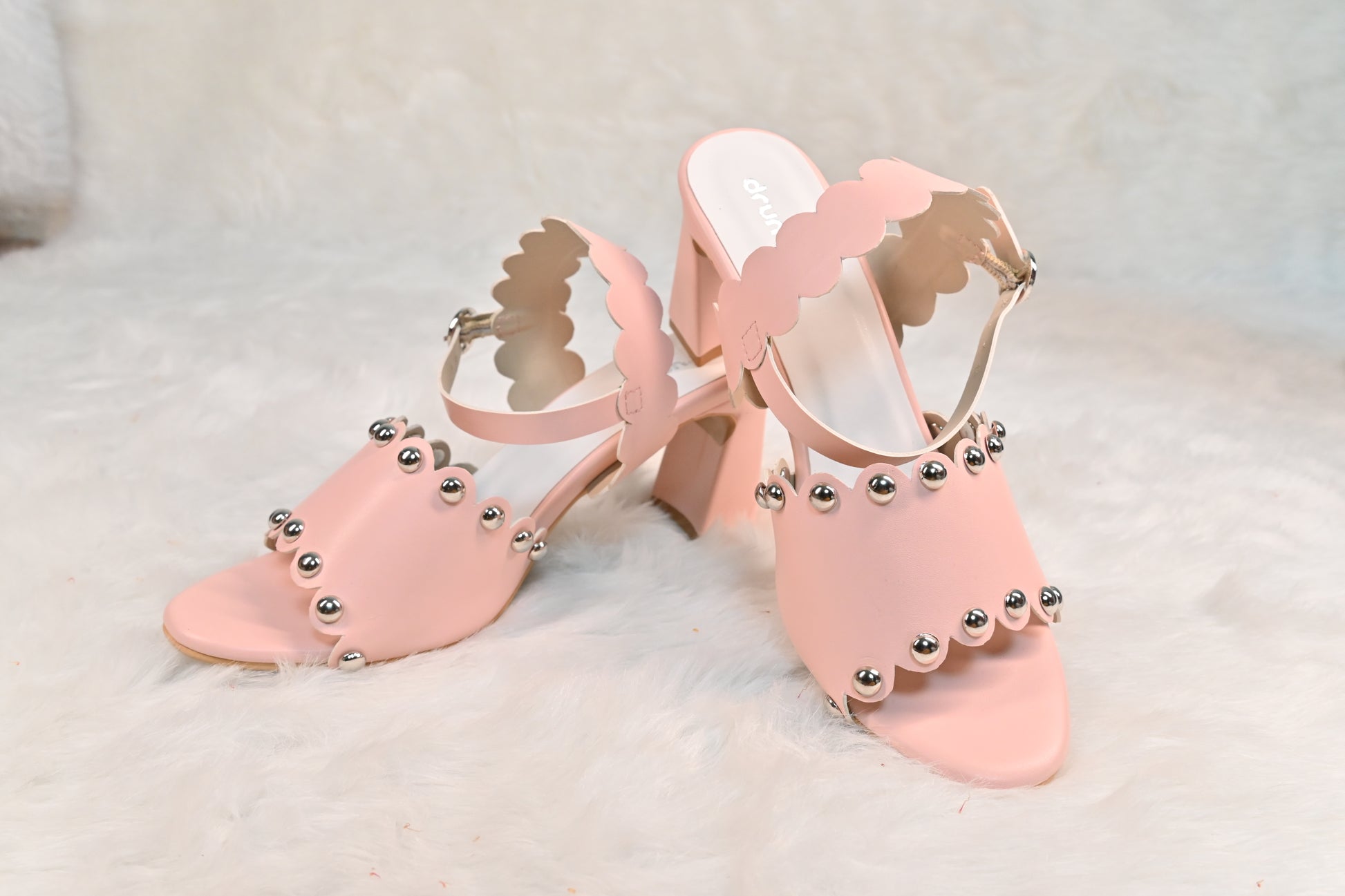 Scallop Heels Blush Pink – side view, 3-inch block heels with scalloped detailing