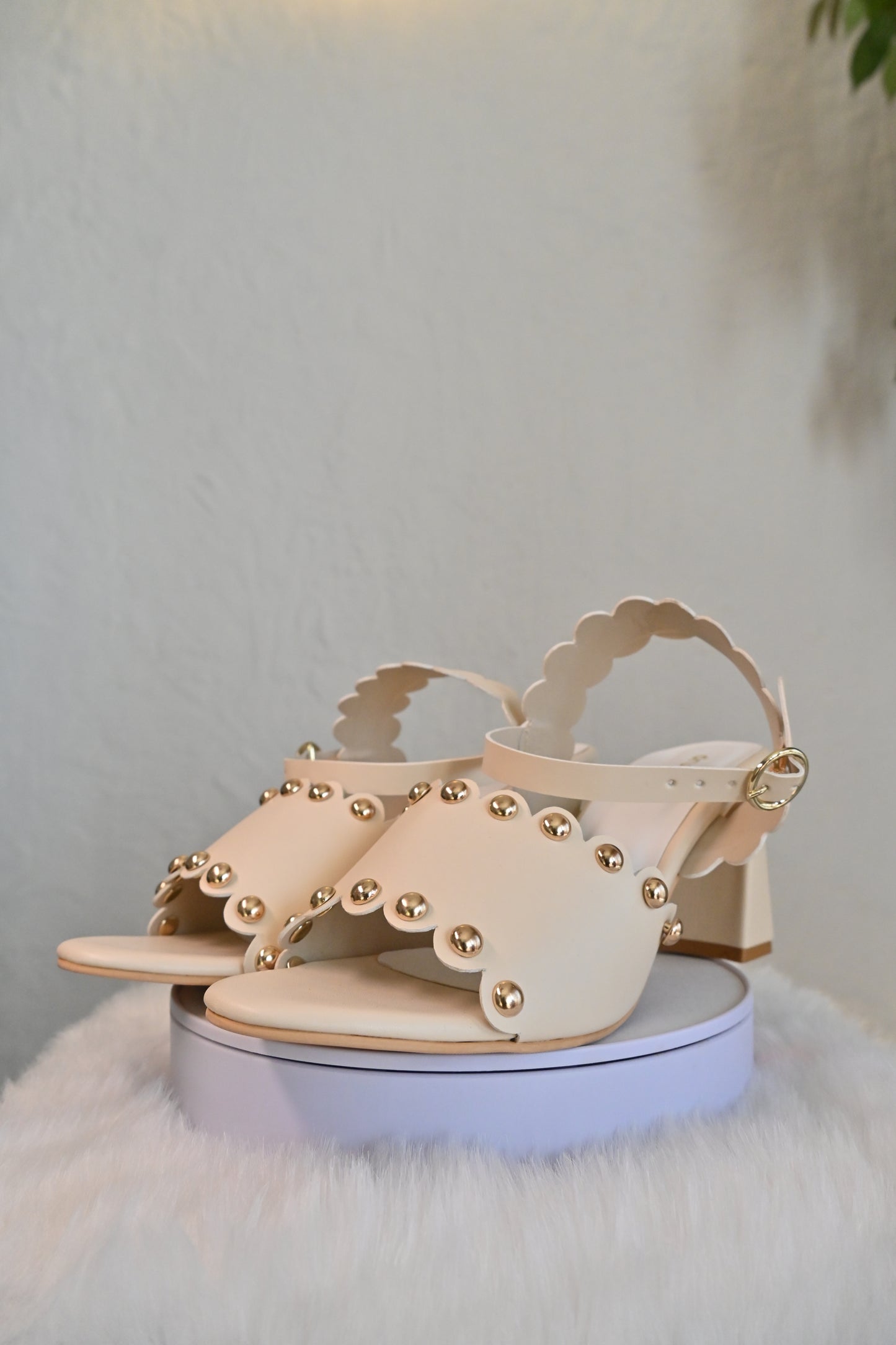 Scallop Heels Ivory – front view, gold rivet block heels for women