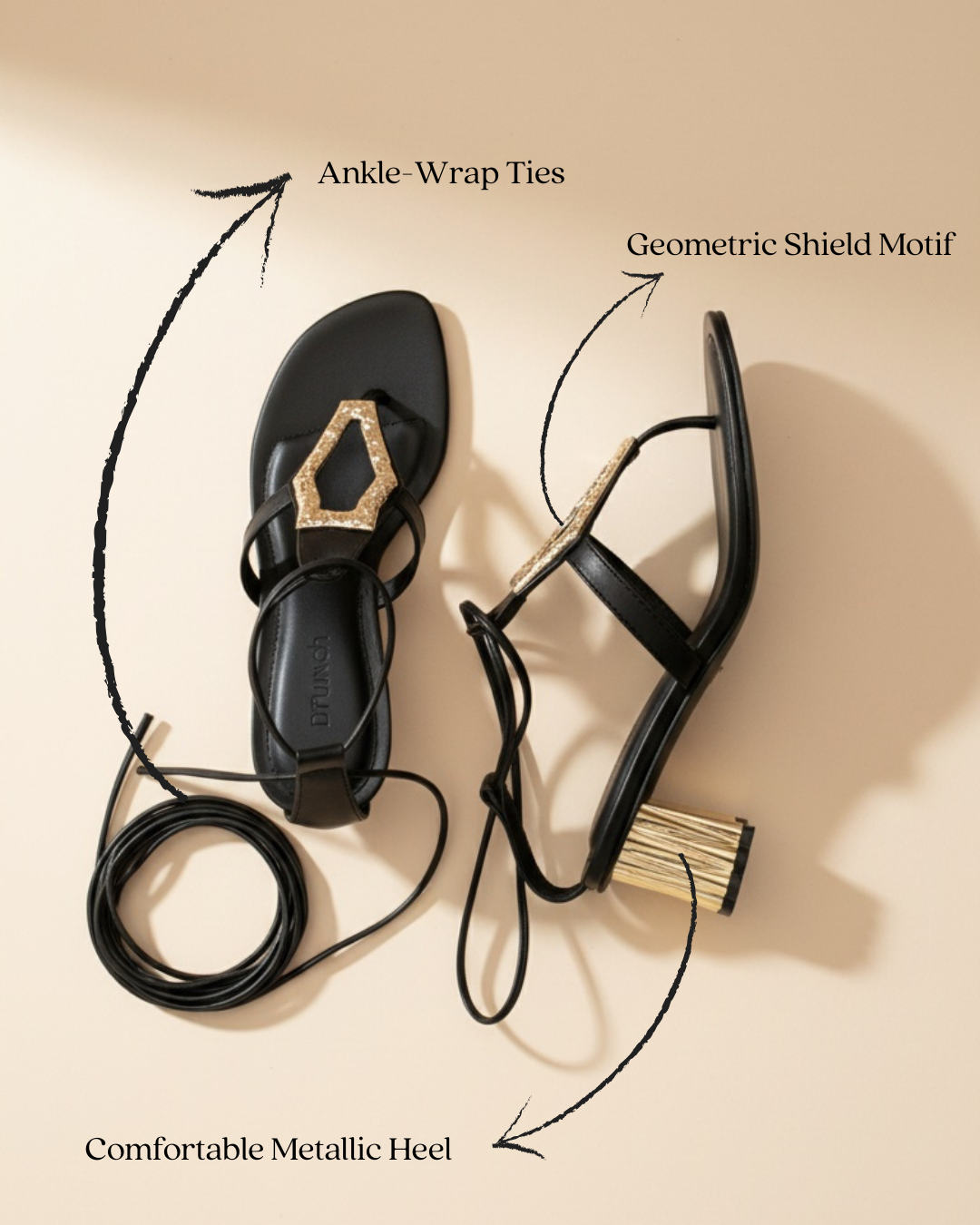 Serra Tie-Up T-Strap Heels Black - Styled Flat Lay | drunch