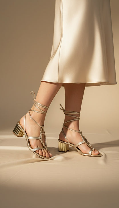 Gold Tie-Up Block Heels for Women - Front View | drunch