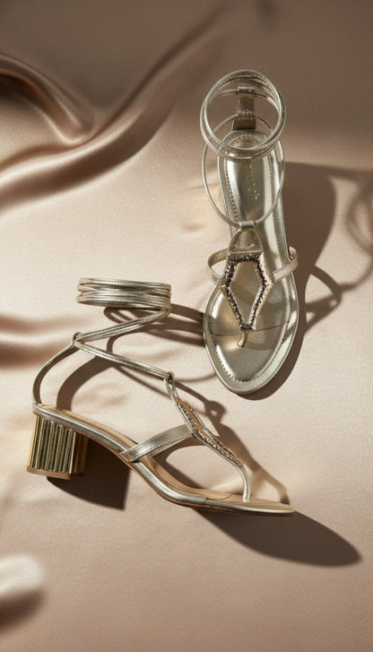 Serra Tie-Up T-Strap Heels in Gold - Women's Block Heels with Gold Embellishment | drunch