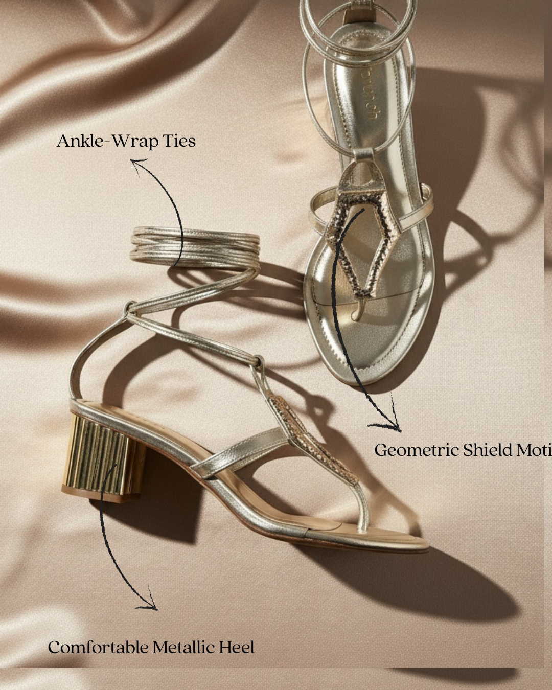 Serra Tie-Up T-Strap Heels Gold - Styled Flat Lay | drunch