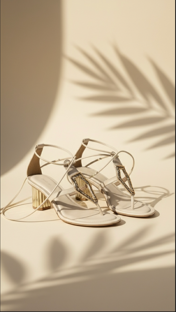 Serra Tie-Up T-Strap Heels in Off White - Women's Block Heels with Gold Detail | drunch