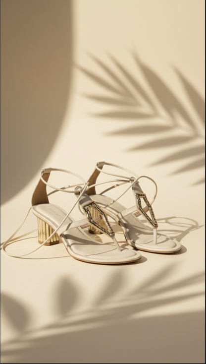 Serra Tie-Up T-Strap Heels in Off White - Women's Block Heels with Gold Detail | drunch