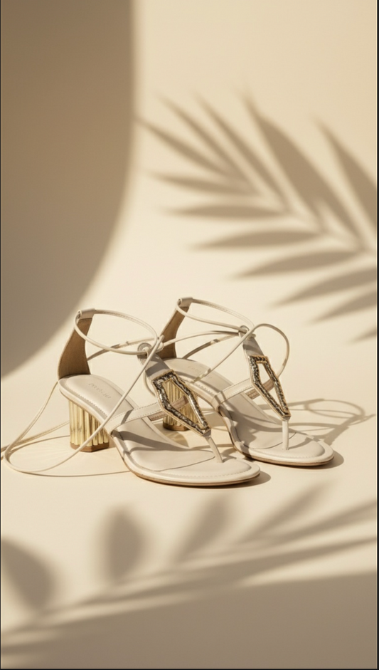 Serra Tie-Up T-Strap Heels in Off White - Women's Block Heels with Gold Detail | drunch
