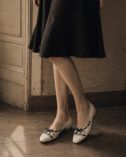 White Juliette Ballet Flats – Model Wearing Vintage-Inspired Lace Bow Ballet Flats | Drunch